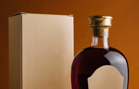 Bottle of alcohol with blank label and cardboard packaging standing on orange background